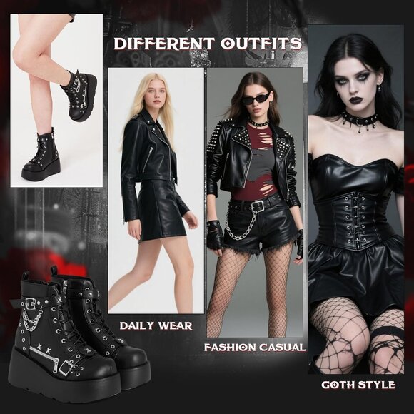 Women Polyurethane A-black Wedge Round Toe Buckle Combat Leather Platform Boots - Picture 7 of 7